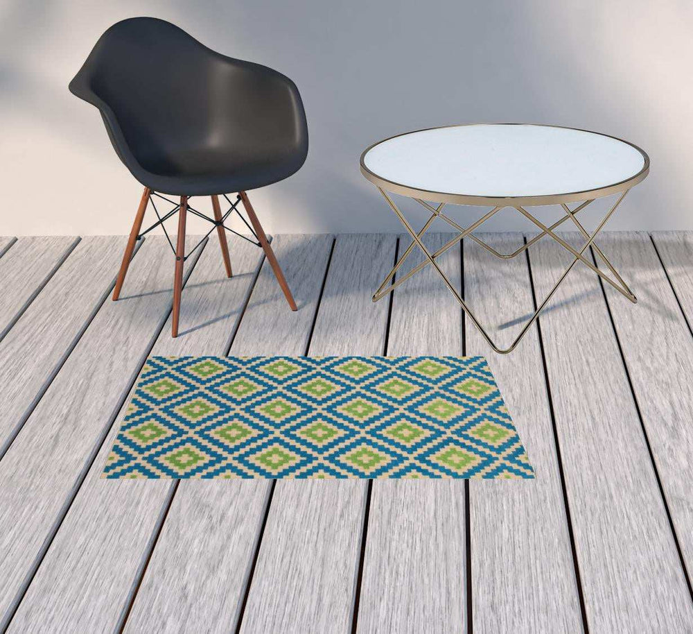 2' X 3' Blue and Beige Geometric Stain Resistant Indoor Outdoor Area Rug - Homeroots - Flyclothing LLC