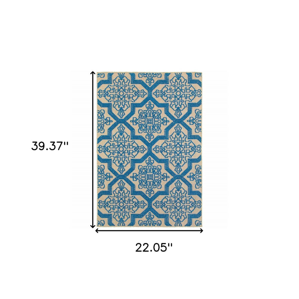 2' X 3' Blue and Beige Oriental Stain Resistant Indoor Outdoor Area Rug - Homeroots - Flyclothing LLC