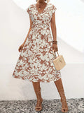 Printed V-Neck Cap Sleeve Midi Dress - Trendsi - Flyclothing LLC