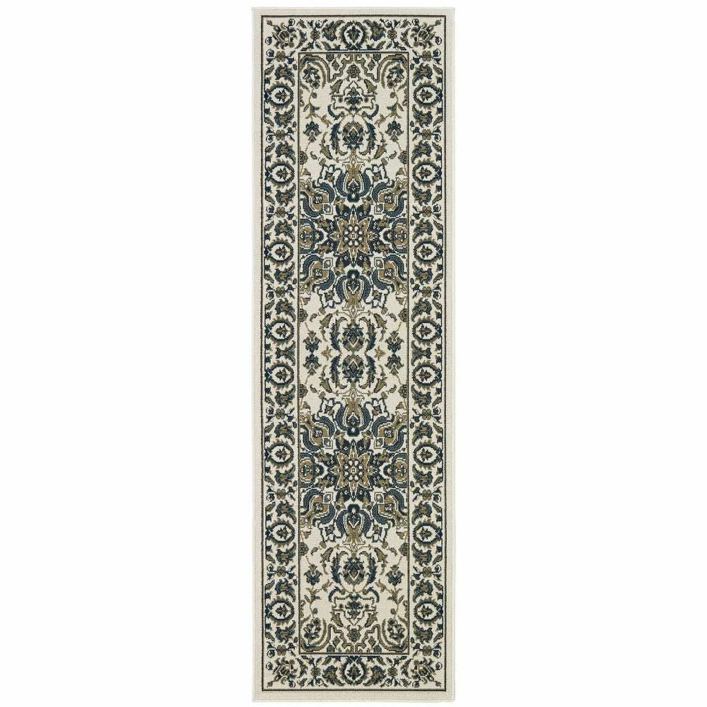 2' X 8' Ivory and Blue Oriental Stain Resistant Indoor Outdoor Area Rug - Homeroots - Flyclothing LLC