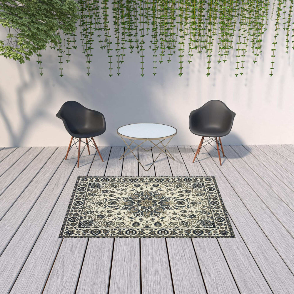 5' X 8' Ivory and Blue Oriental Stain Resistant Indoor Outdoor Area Rug - Homeroots - Flyclothing LLC