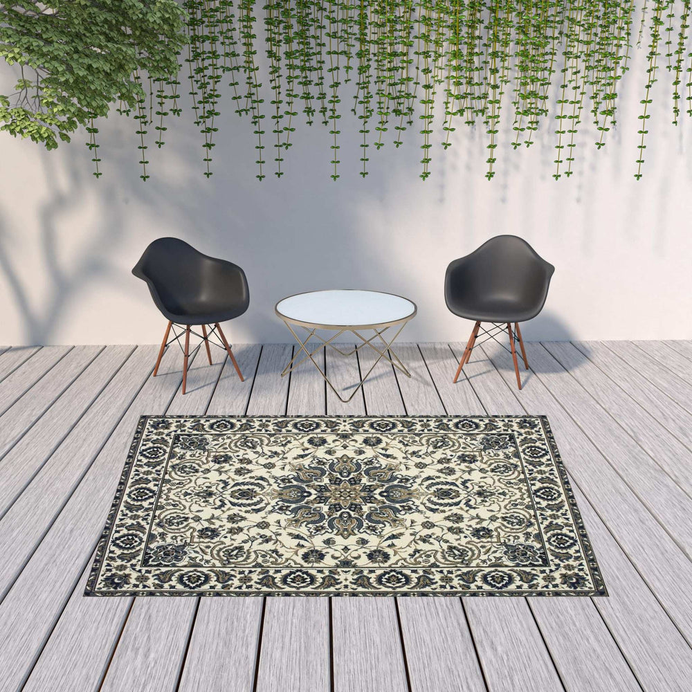 7' X 10' Ivory and Blue Oriental Stain Resistant Indoor Outdoor Area Rug - Homeroots - Flyclothing LLC