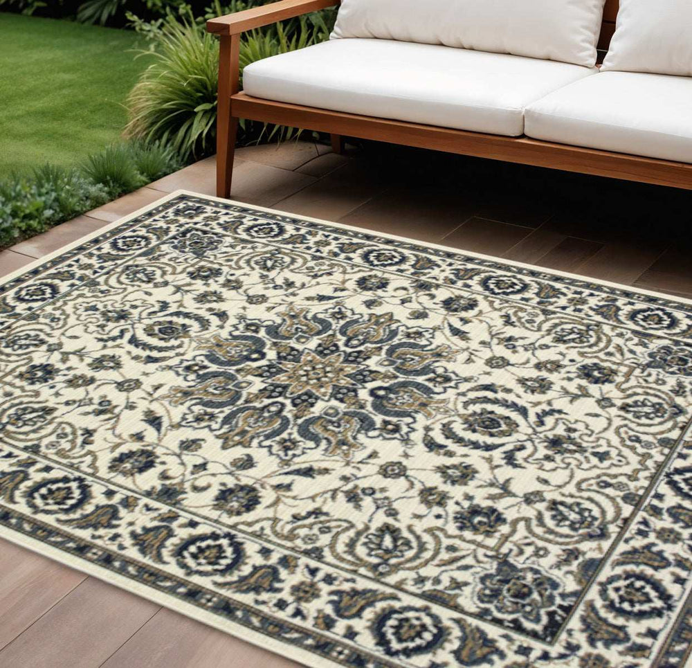 9' X 13' Ivory and Blue Oriental Stain Resistant Indoor Outdoor Area Rug - Homeroots - Flyclothing LLC