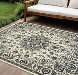 9' X 13' Ivory and Blue Oriental Stain Resistant Indoor Outdoor Area Rug - Homeroots - Flyclothing LLC