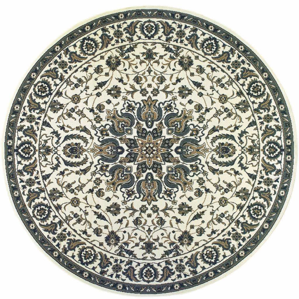 8' X 8' Ivory and Blue Round Oriental Stain Resistant Indoor Outdoor Area Rug - Homeroots - Flyclothing LLC