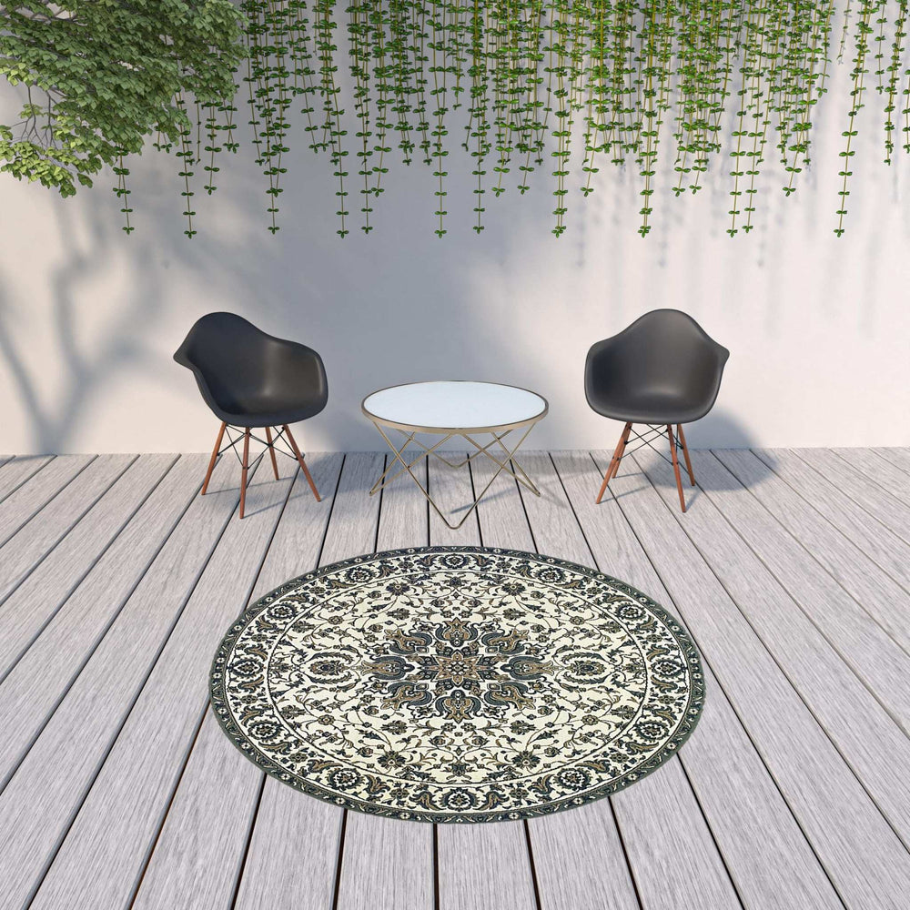 8' X 8' Ivory and Blue Round Oriental Stain Resistant Indoor Outdoor Area Rug - Homeroots - Flyclothing LLC