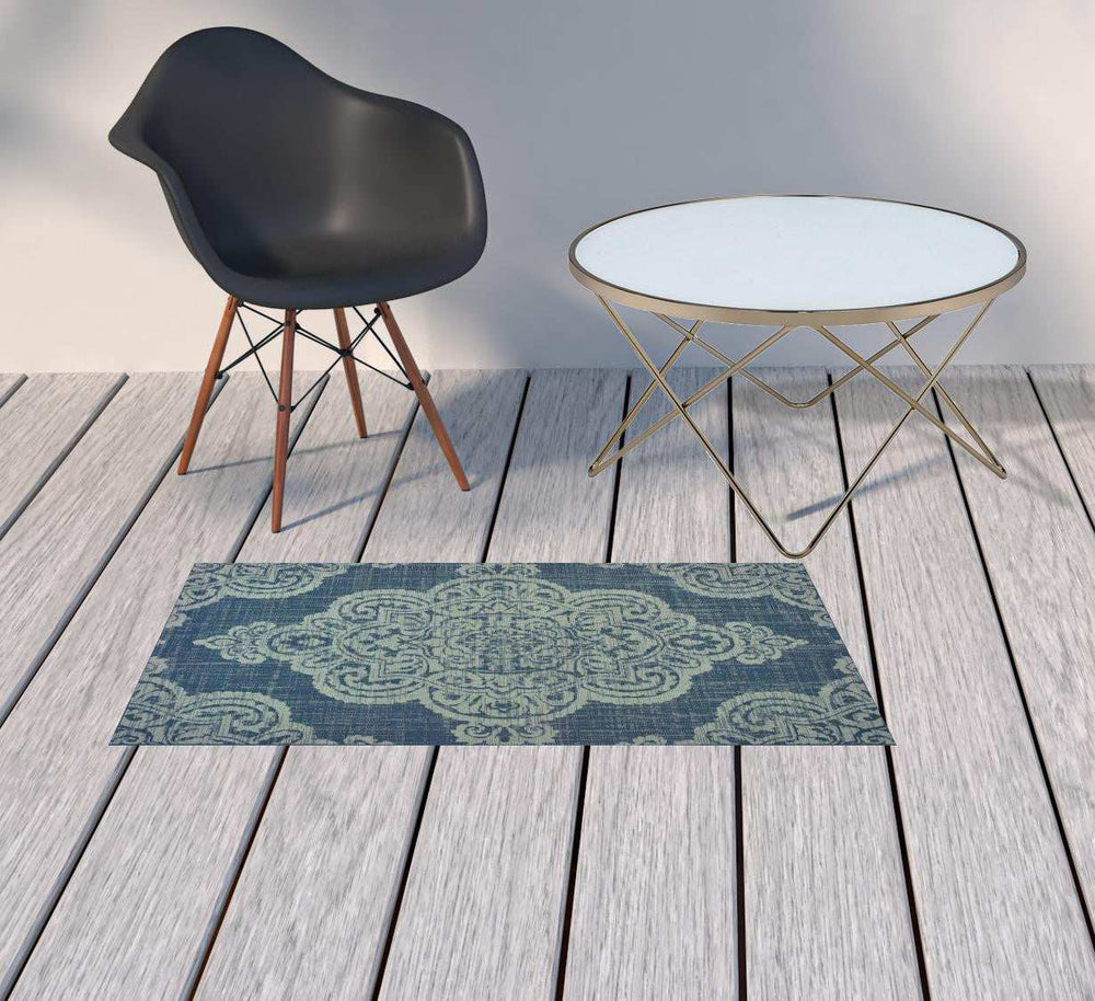 2' X 4' Blue Oriental Stain Resistant Indoor Outdoor Area Rug - Homeroots - Flyclothing LLC