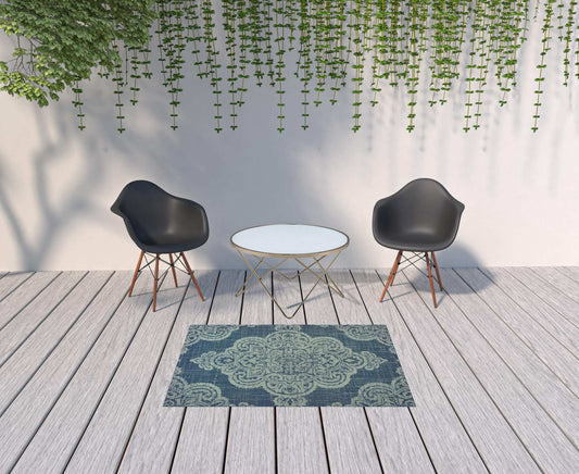 4' X 6' Blue Oriental Stain Resistant Indoor Outdoor Area Rug - Homeroots - Flyclothing LLC