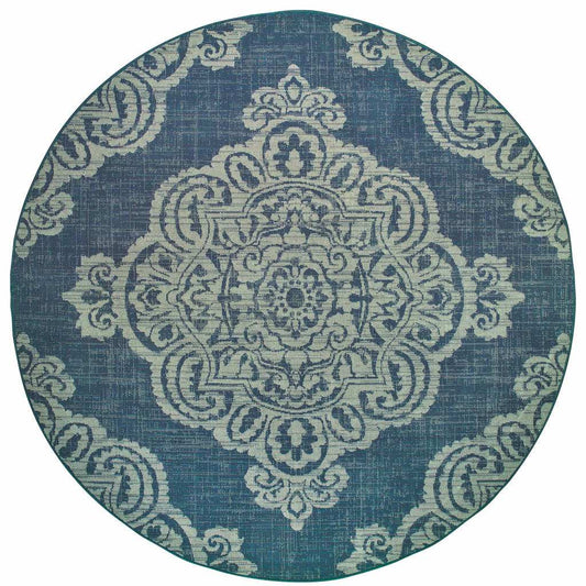 8' X 8' Blue Round Oriental Stain Resistant Indoor Outdoor Area Rug - Homeroots - Flyclothing LLC