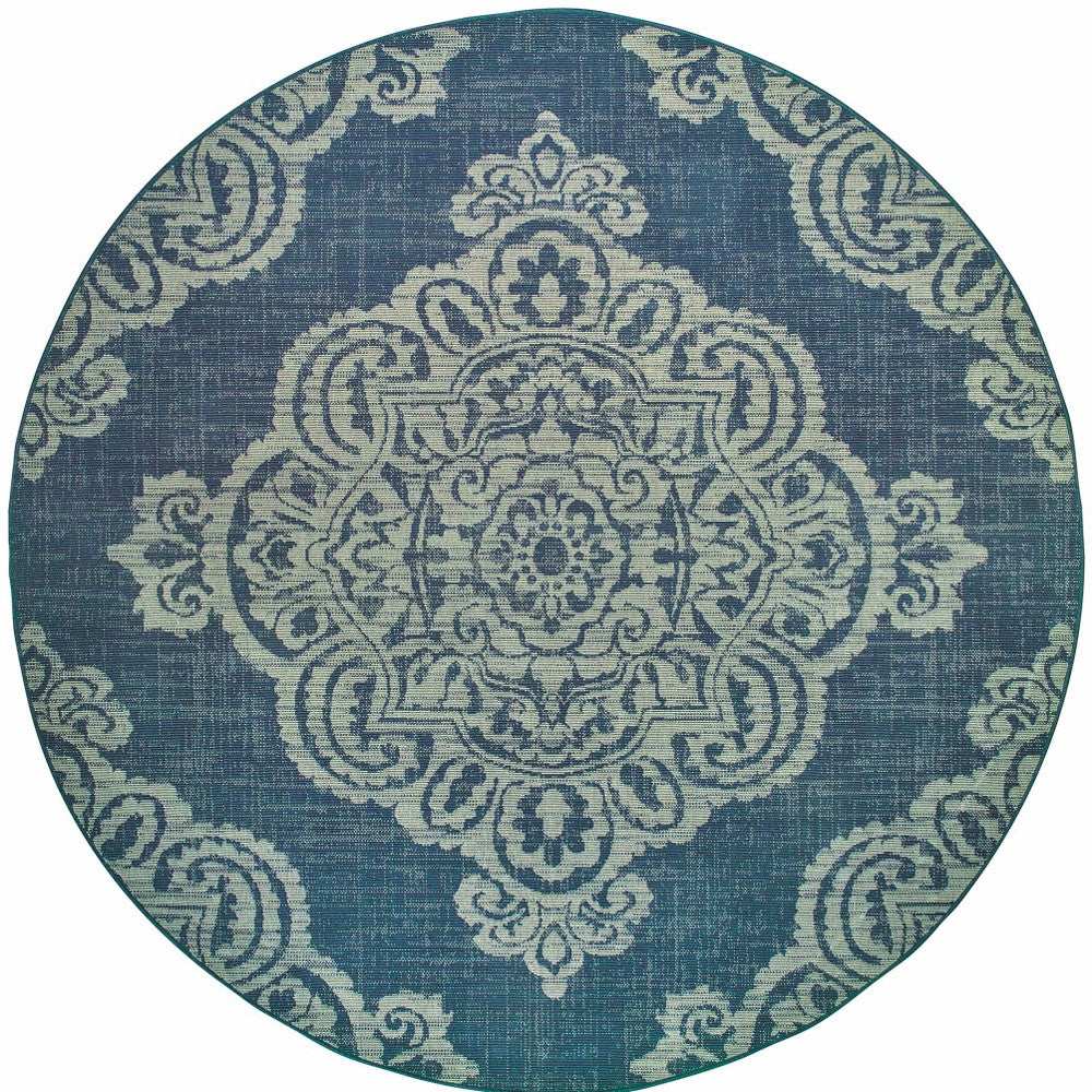 8' X 8' Blue Round Oriental Stain Resistant Indoor Outdoor Area Rug - Homeroots - Flyclothing LLC