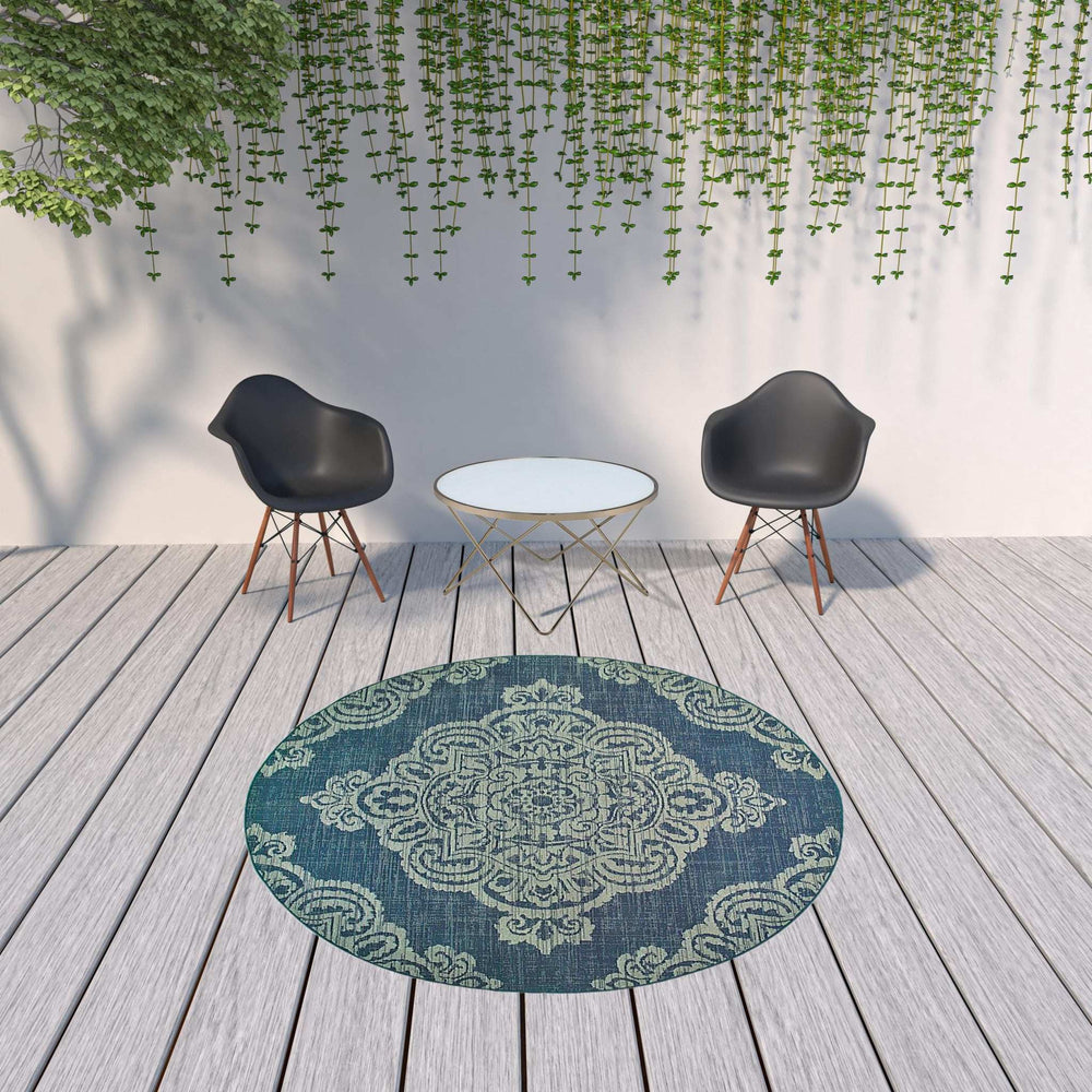 8' X 8' Blue Round Oriental Stain Resistant Indoor Outdoor Area Rug - Homeroots - Flyclothing LLC