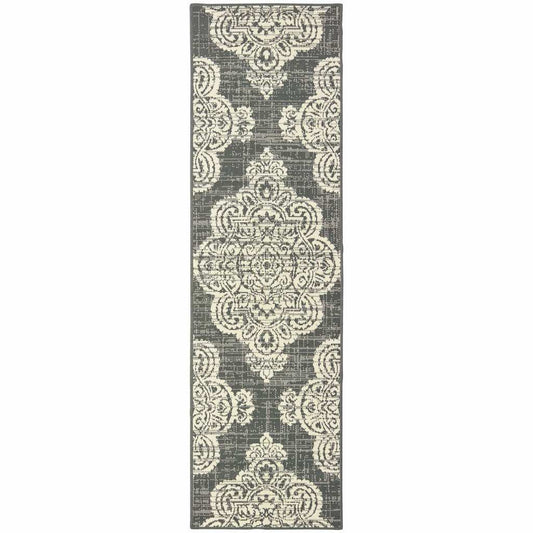 2' X 8' Gray and Ivory Oriental Stain Resistant Indoor Outdoor Area Rug - Homeroots - Flyclothing LLC