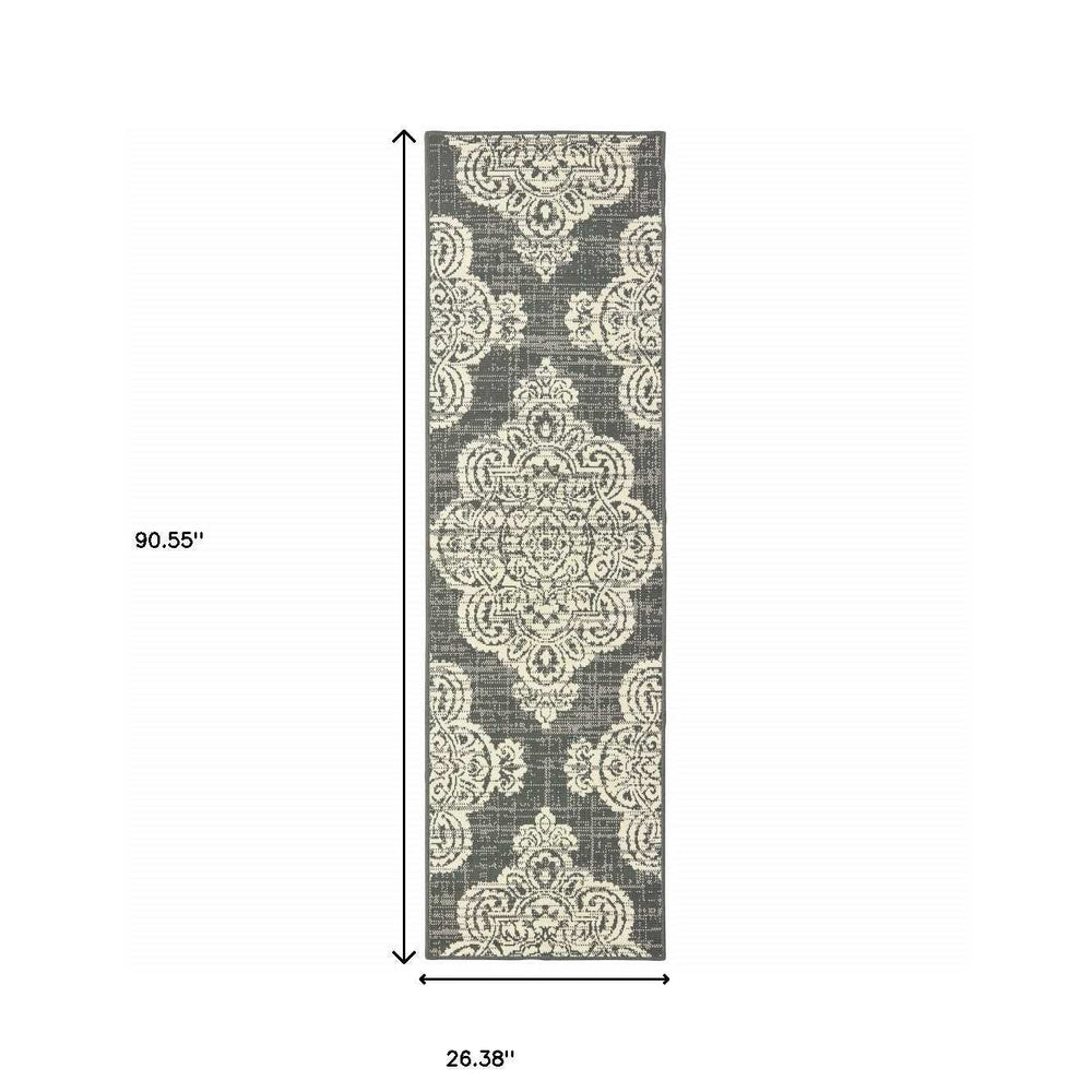 2' X 8' Gray and Ivory Oriental Stain Resistant Indoor Outdoor Area Rug - Homeroots - Flyclothing LLC
