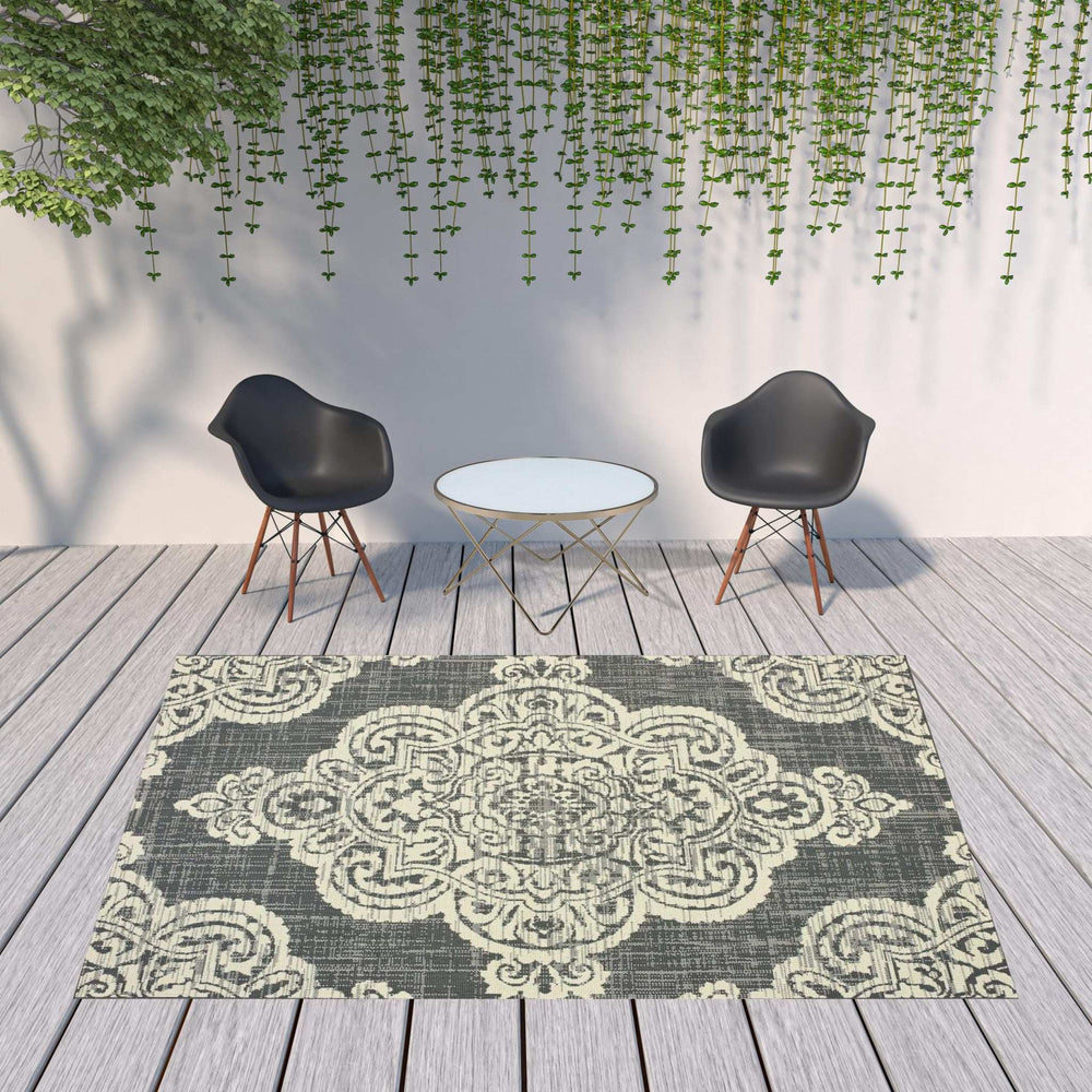 8' X 11' Gray and Ivory Oriental Stain Resistant Indoor Outdoor Area Rug - Homeroots - Flyclothing LLC