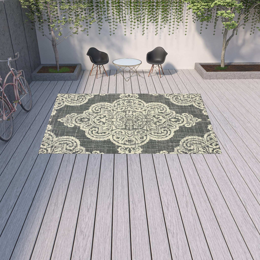 9' X 13' Gray and Ivory Oriental Stain Resistant Indoor Outdoor Area Rug - Homeroots - Flyclothing LLC