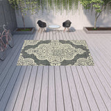 9' X 13' Gray and Ivory Oriental Stain Resistant Indoor Outdoor Area Rug - Homeroots - Flyclothing LLC