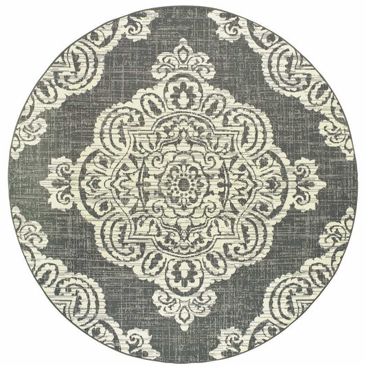 8' X 8' Gray and Ivory Round Oriental Stain Resistant Indoor Outdoor Area Rug - Homeroots - Flyclothing LLC