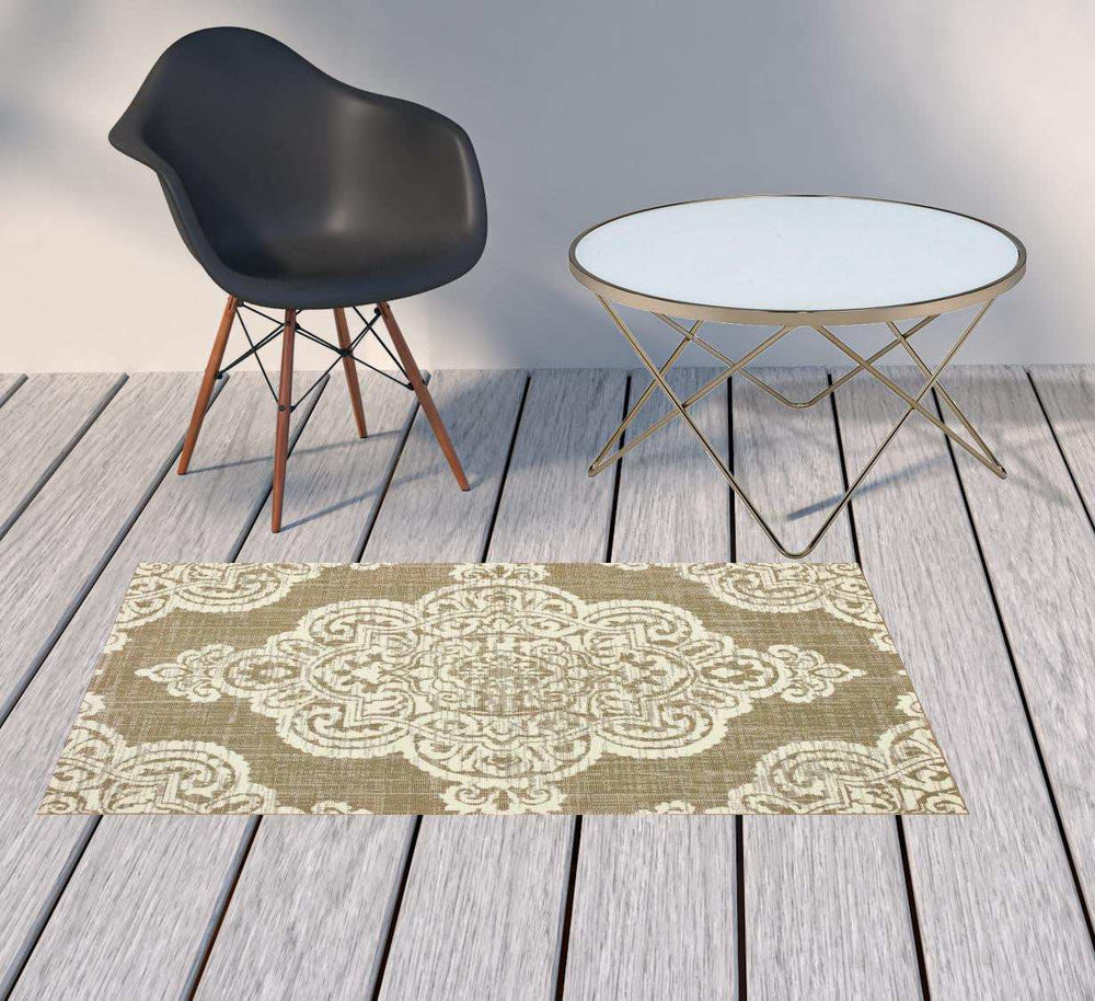 2' X 4' Tan Oriental Stain Resistant Indoor Outdoor Area Rug - Homeroots - Flyclothing LLC