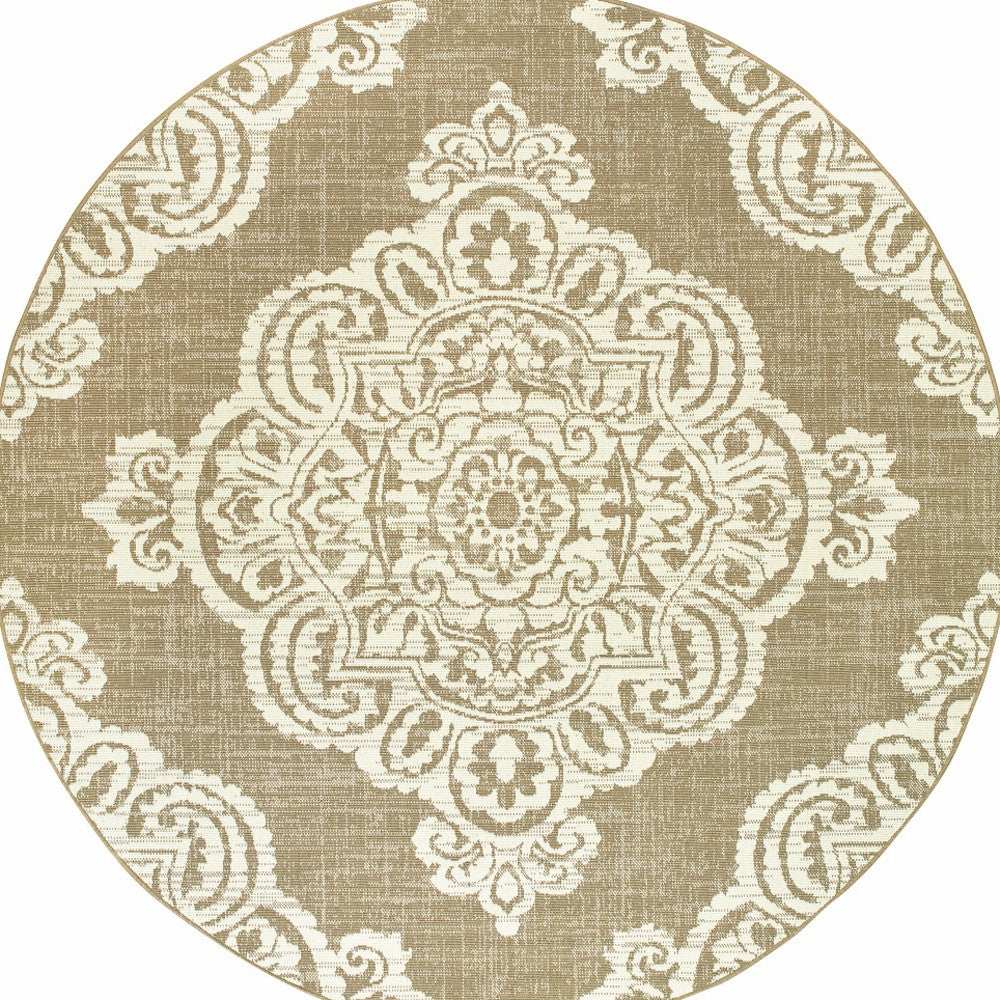 8' X 8' Tan Round Oriental Stain Resistant Indoor Outdoor Area Rug - Homeroots - Flyclothing LLC