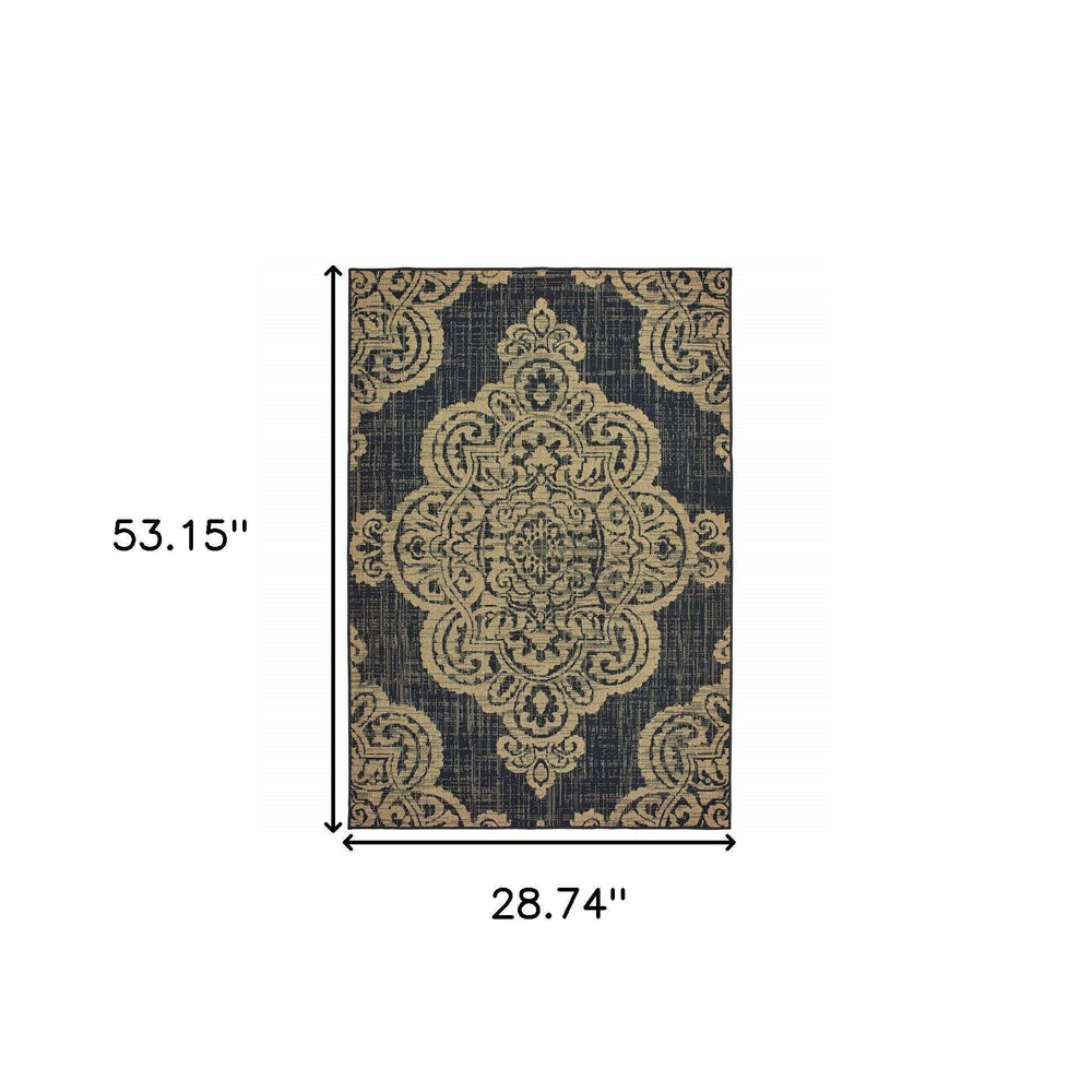 2' X 4' Black and Tan Oriental Stain Resistant Indoor Outdoor Area Rug - Homeroots - Flyclothing LLC