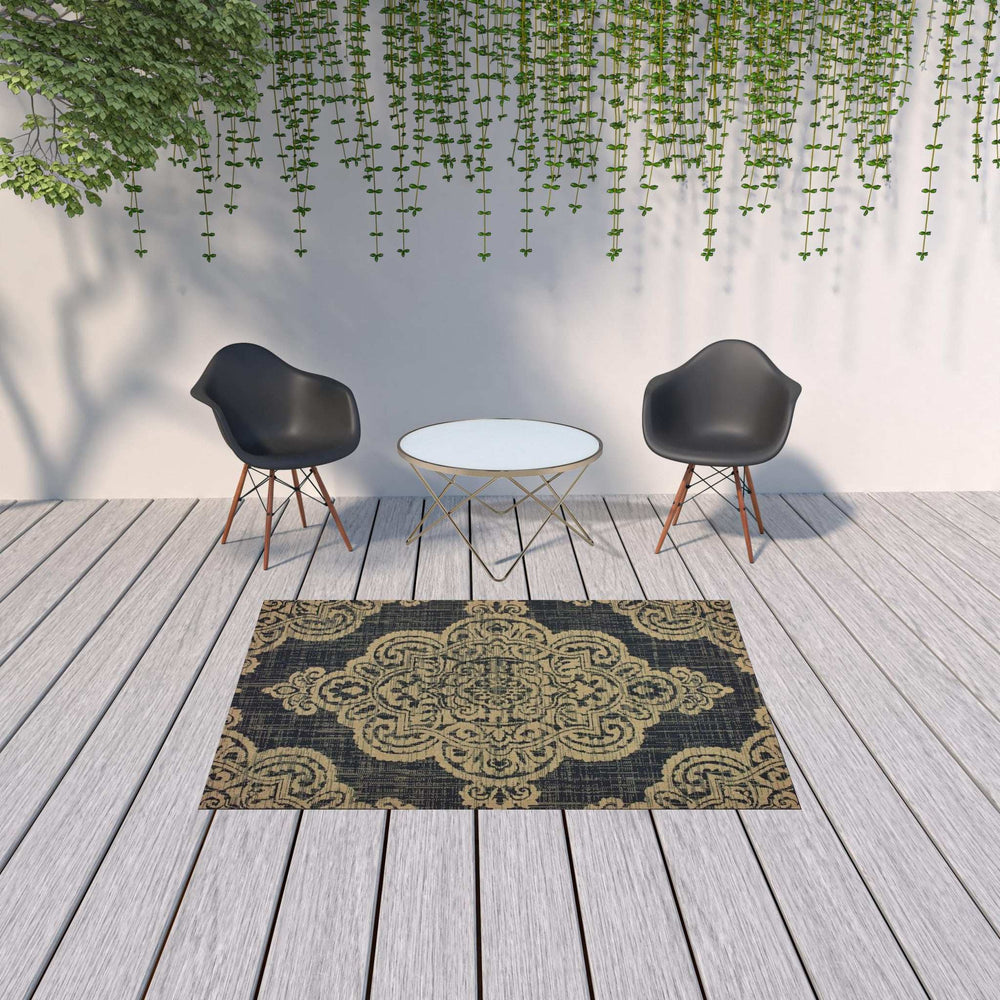 5' X 8' Black and Tan Oriental Stain Resistant Indoor Outdoor Area Rug - Homeroots - Flyclothing LLC