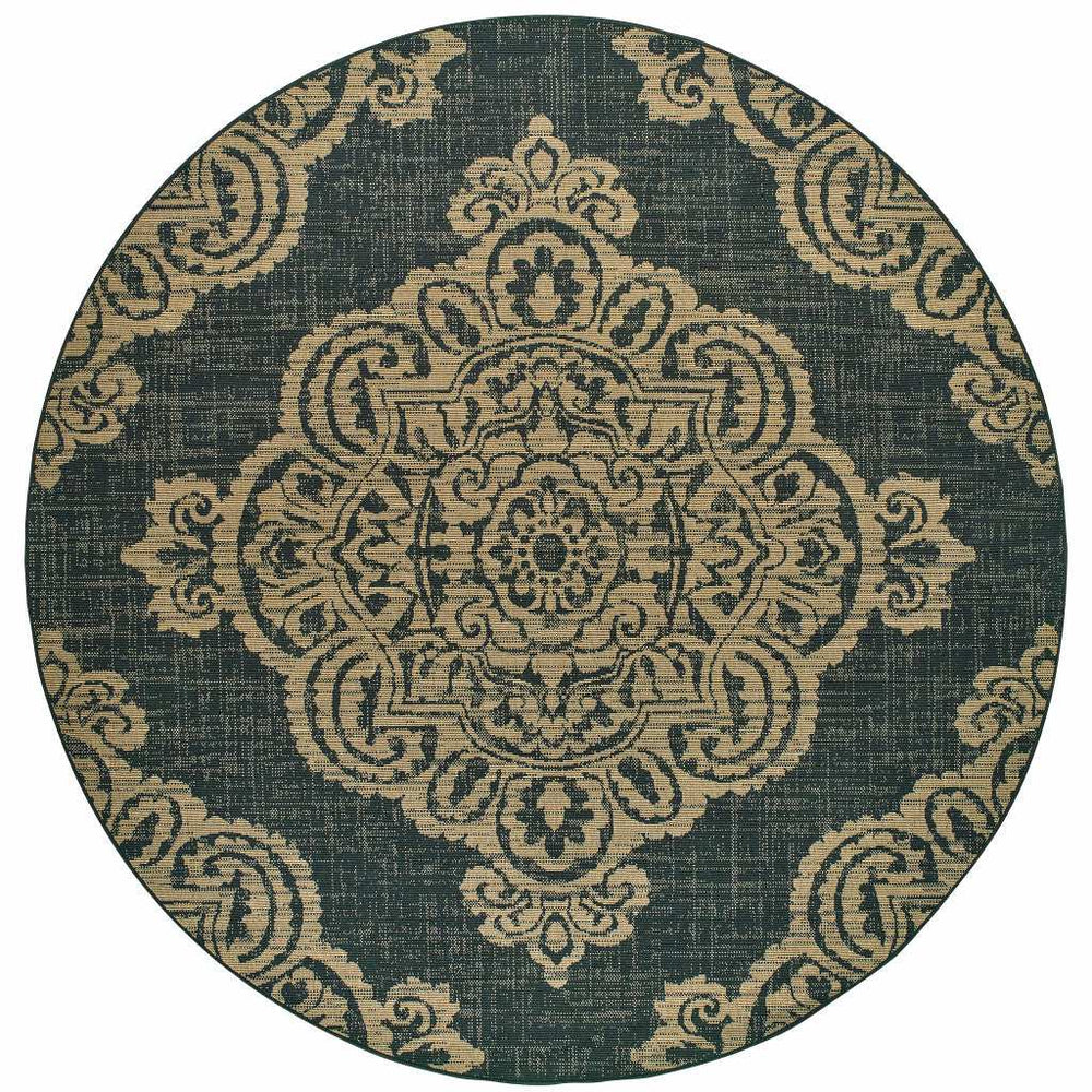 8' X 8' Black and Tan Round Oriental Stain Resistant Indoor Outdoor Area Rug - Homeroots - Flyclothing LLC