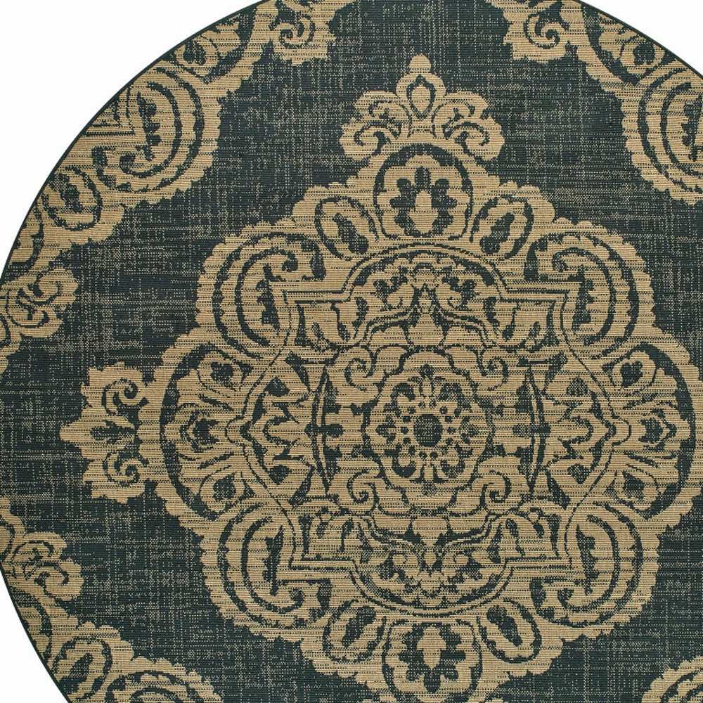 8' X 8' Black and Tan Round Oriental Stain Resistant Indoor Outdoor Area Rug - Homeroots - Flyclothing LLC