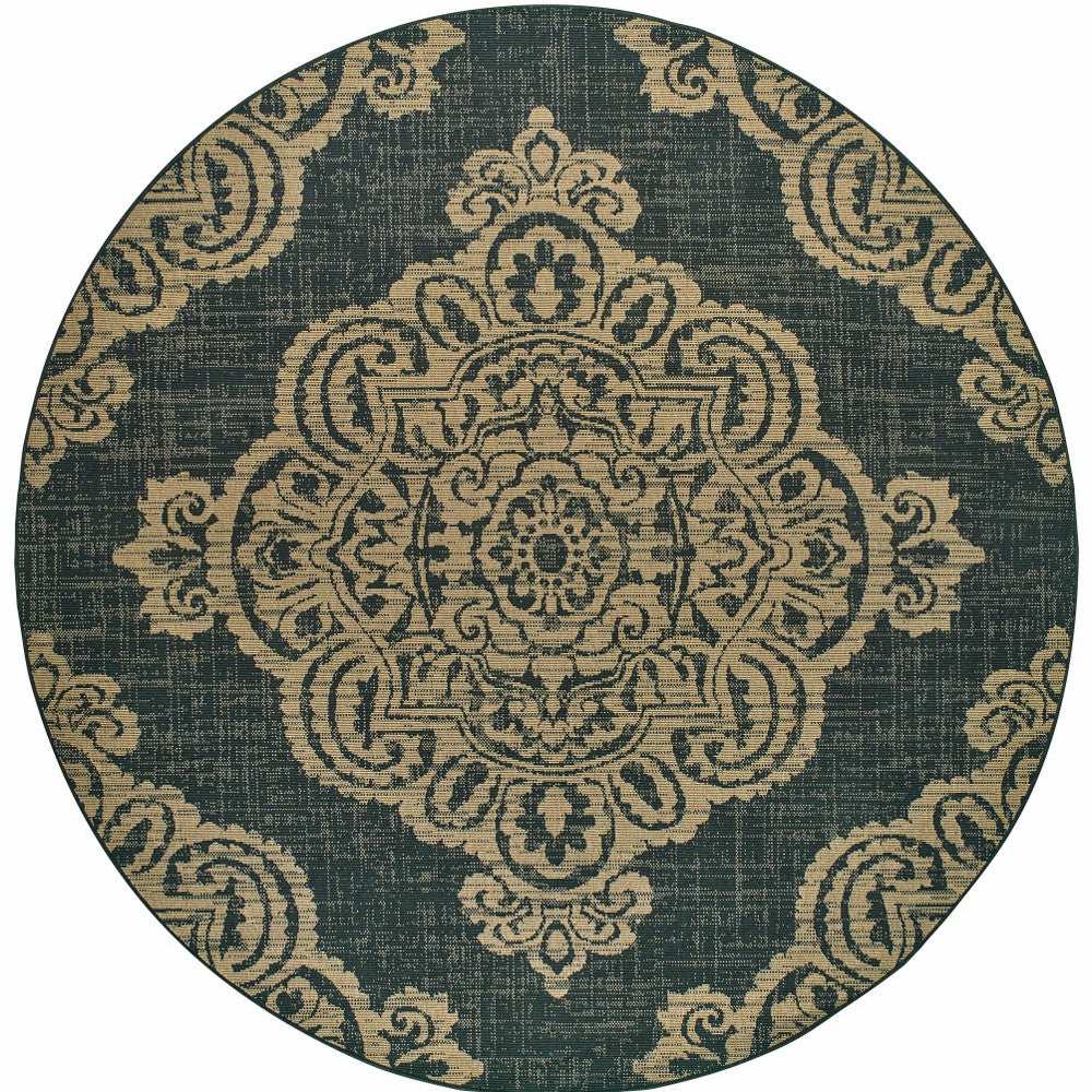 8' X 8' Black and Tan Round Oriental Stain Resistant Indoor Outdoor Area Rug - Homeroots - Flyclothing LLC