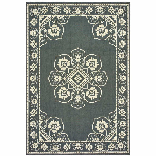 8' X 11' Gray and Ivory Oriental Stain Resistant Indoor Outdoor Area Rug - Homeroots - Flyclothing LLC