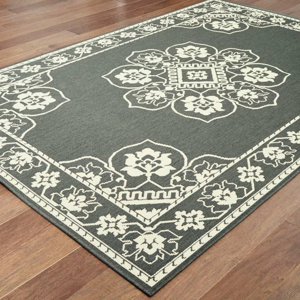 9' X 13' Gray and Ivory Oriental Stain Resistant Indoor Outdoor Area Rug - Homeroots - Flyclothing LLC