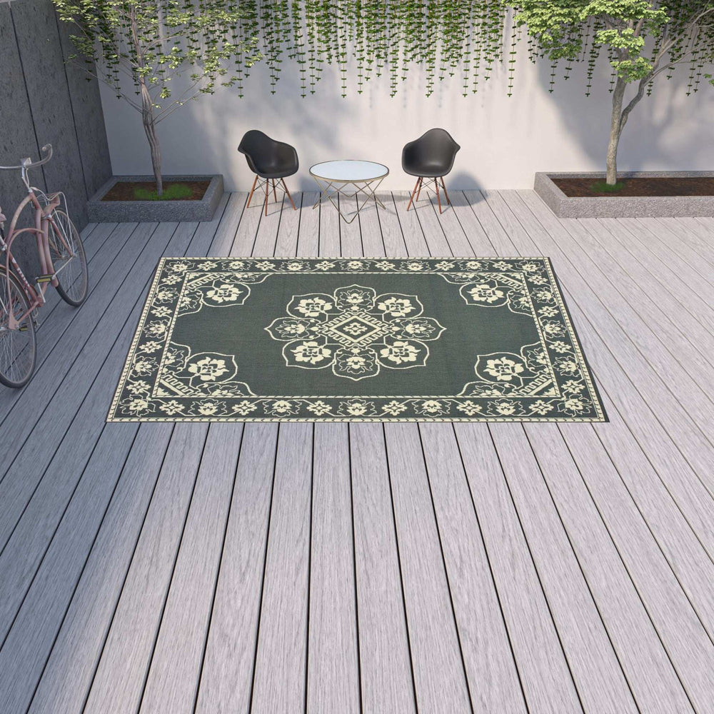 9' X 13' Gray and Ivory Oriental Stain Resistant Indoor Outdoor Area Rug - Homeroots - Flyclothing LLC