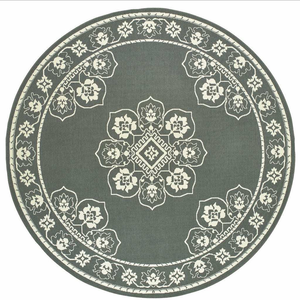 8' X 8' Gray and Ivory Round Oriental Stain Resistant Indoor Outdoor Area Rug - Homeroots - Flyclothing LLC