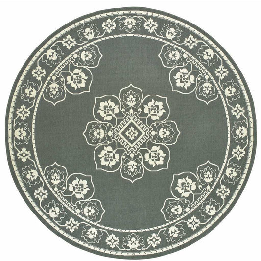 8' X 8' Gray and Ivory Round Oriental Stain Resistant Indoor Outdoor Area Rug - Homeroots - Flyclothing LLC