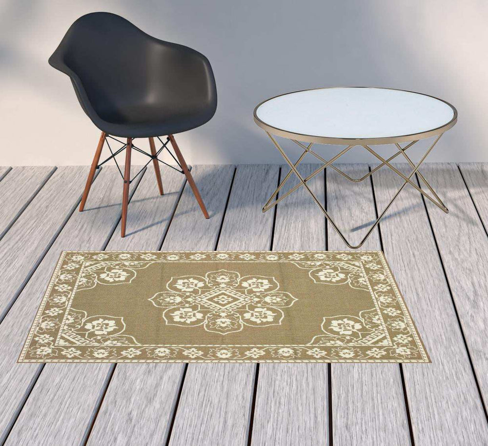 2' X 4' Tan Oriental Stain Resistant Indoor Outdoor Area Rug - Homeroots - Flyclothing LLC