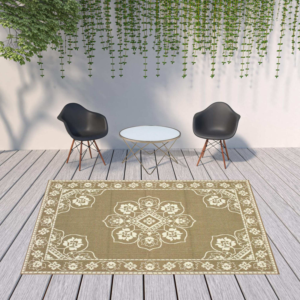 8' X 11' Tan Oriental Stain Resistant Indoor Outdoor Area Rug - Homeroots - Flyclothing LLC