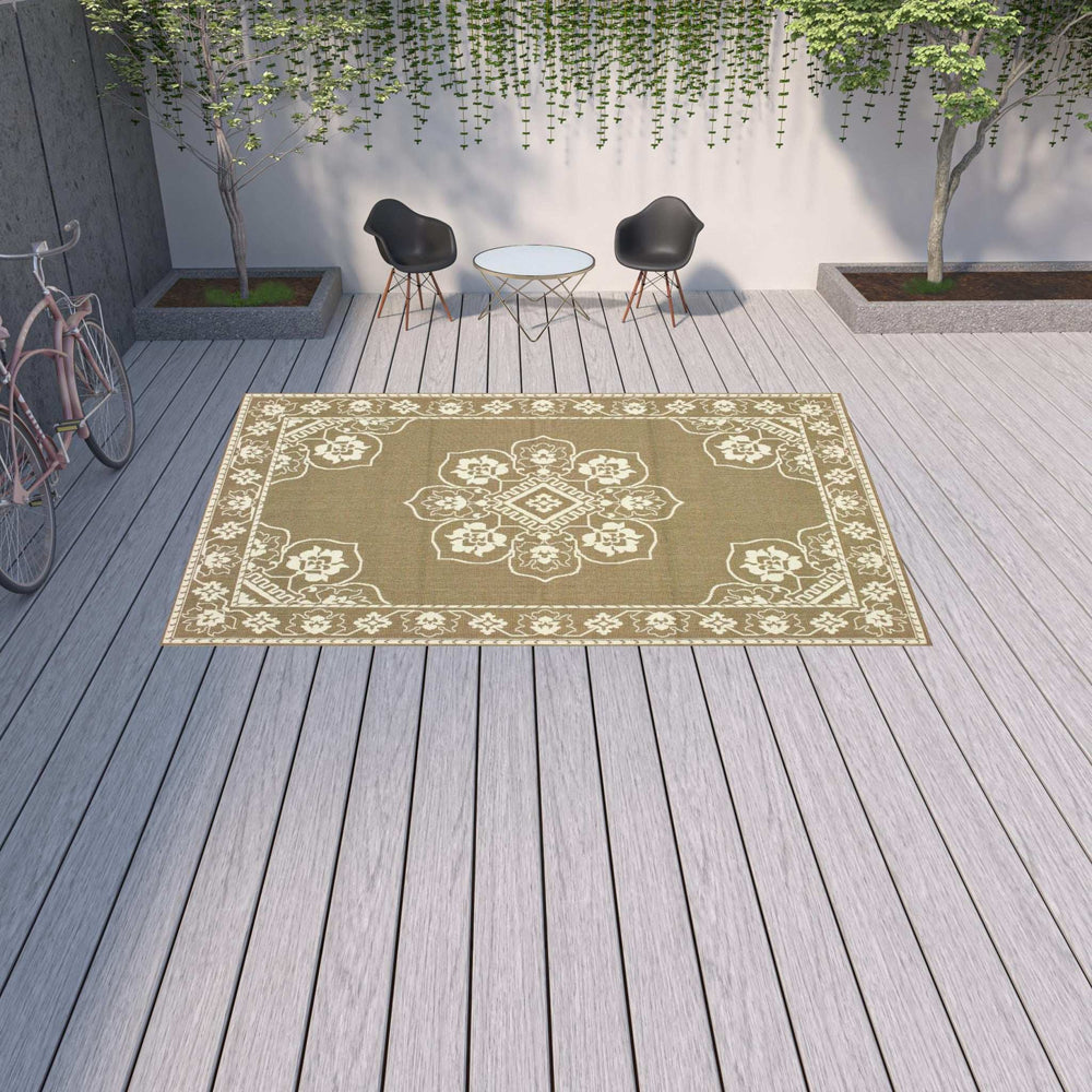 9' X 13' Tan Oriental Stain Resistant Indoor Outdoor Area Rug - Homeroots - Flyclothing LLC