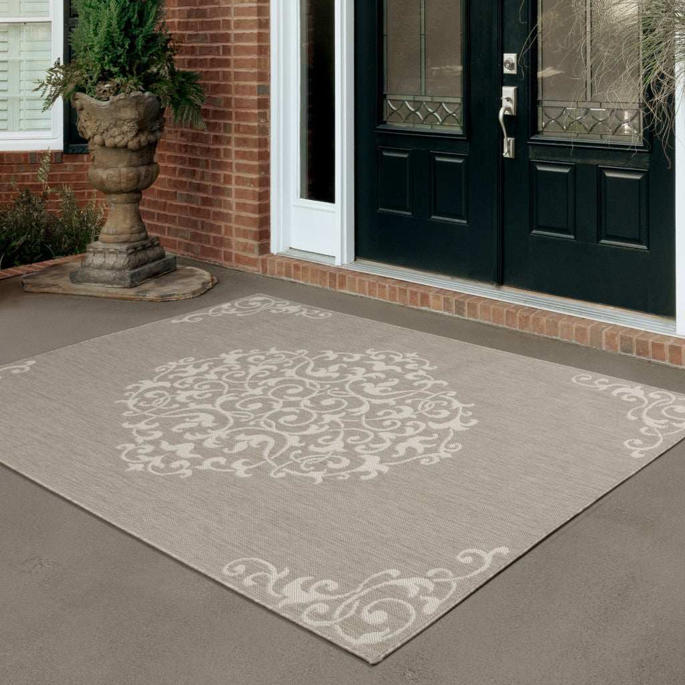 7' X 9' Gray and Ivory Oriental Stain Resistant Indoor Outdoor Area Rug - Homeroots - Flyclothing LLC