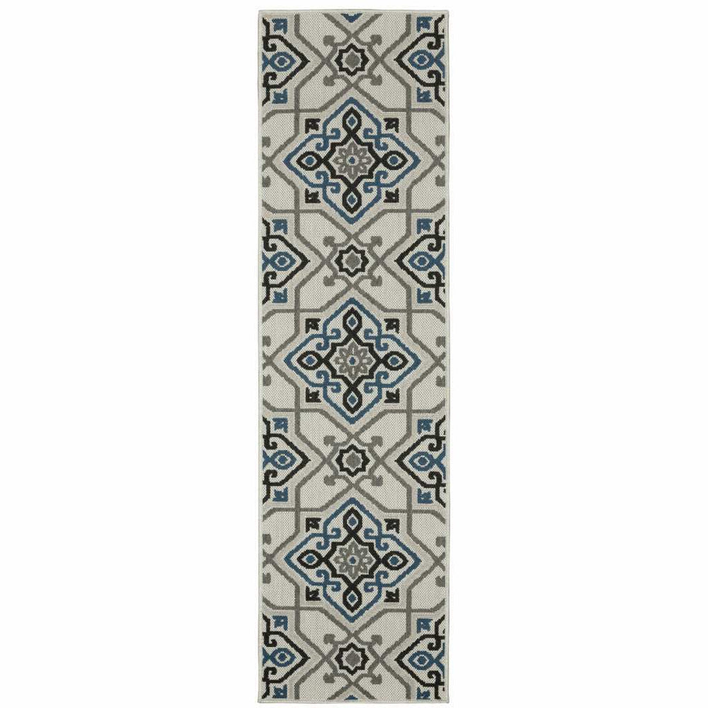 2' X 7' Blue and Beige Oriental Stain Resistant Indoor Outdoor Area Rug - Homeroots - Flyclothing LLC