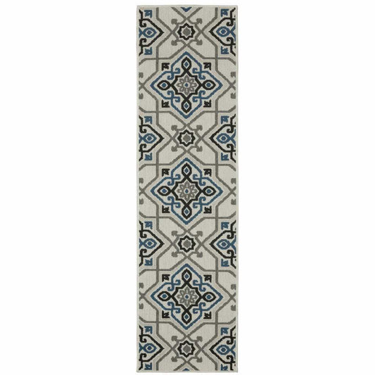 2' X 7' Blue and Beige Oriental Stain Resistant Indoor Outdoor Area Rug - Homeroots - Flyclothing LLC