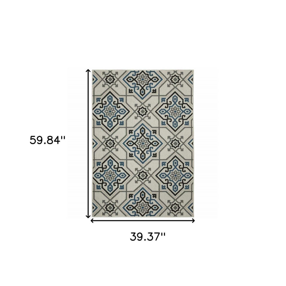 3' X 5' Blue and Beige Oriental Stain Resistant Indoor Outdoor Area Rug - Homeroots - Flyclothing LLC