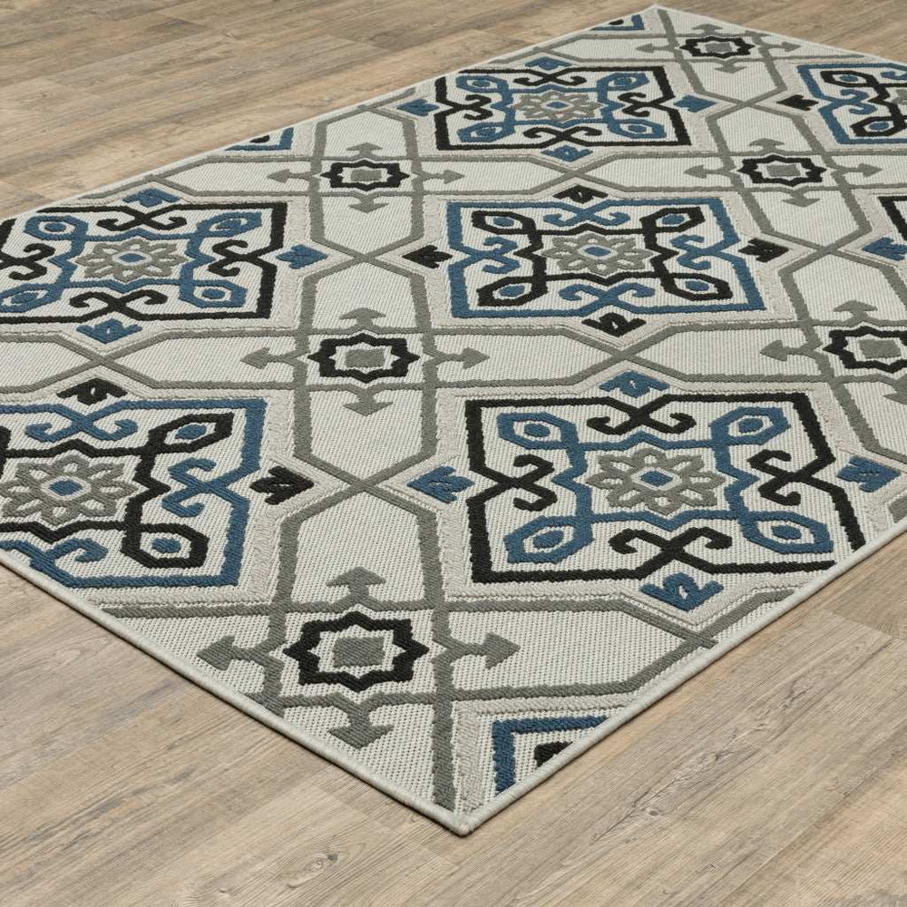 8' X 10' Blue and Beige Oriental Stain Resistant Indoor Outdoor Area Rug - Homeroots - Flyclothing LLC
