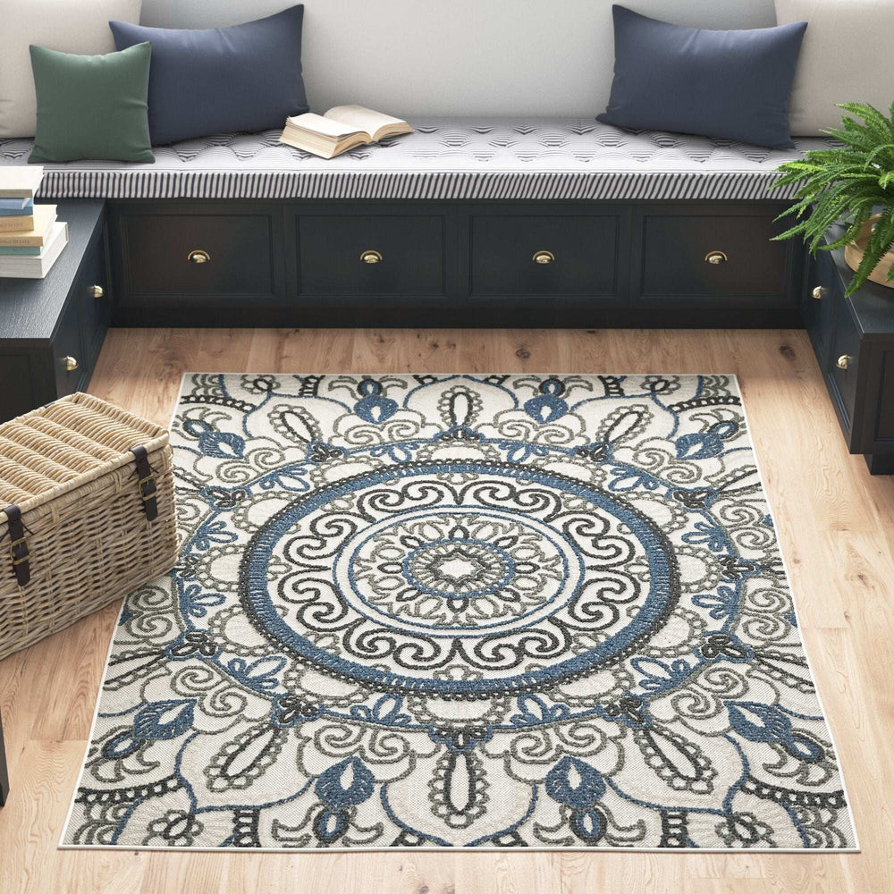 2' X 4' Blue and Beige Geometric Stain Resistant Indoor Outdoor Area Rug - Homeroots - Flyclothing LLC