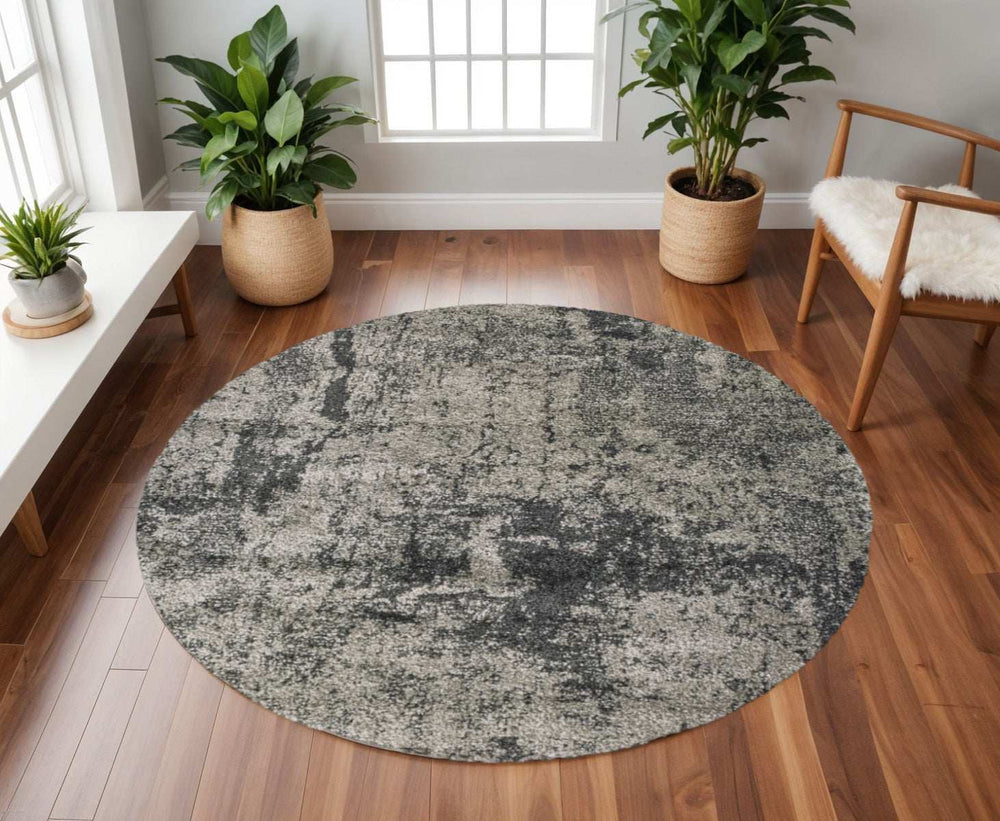 8' Grey Round Abstract Power Loom Stain Resistant Area Rug - Homeroots - Flyclothing LLC