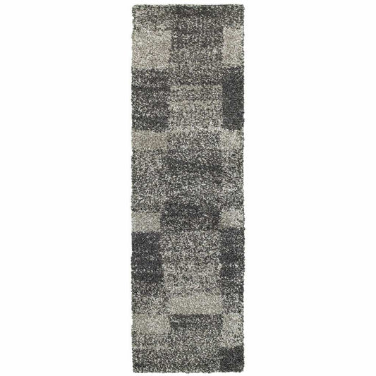 2' X 8' Charcoal Silver And Grey Geometric Shag Power Loom Stain Resistant Runner Rug - Homeroots - Flyclothing LLC