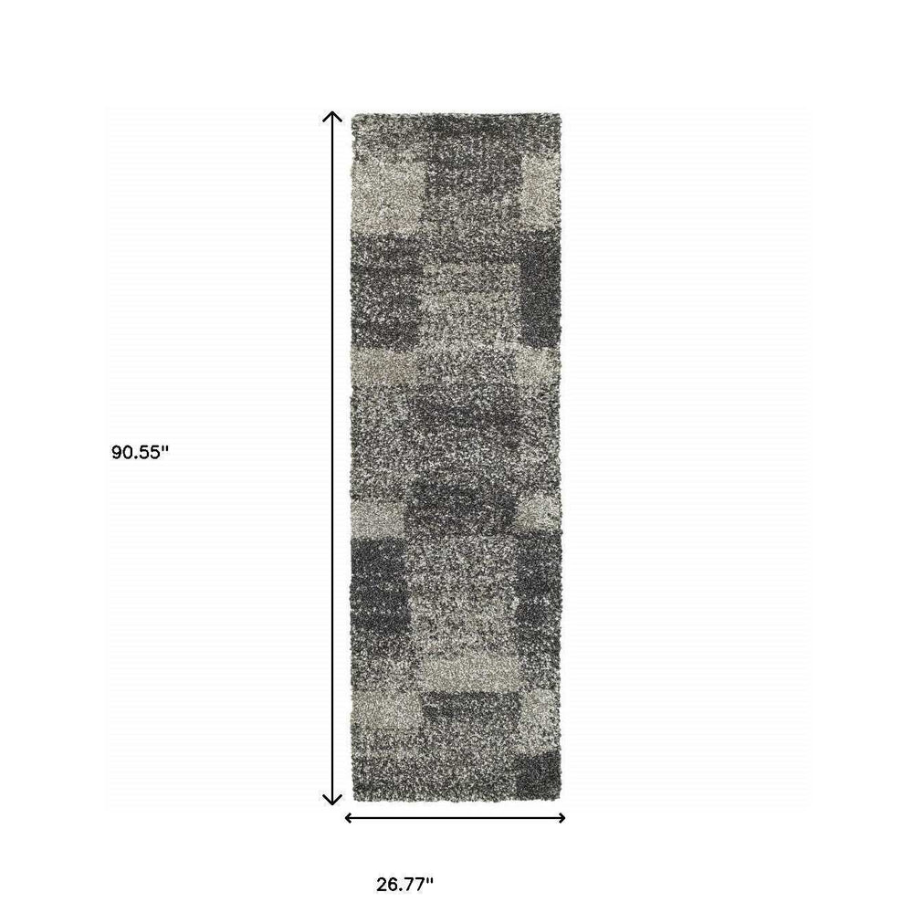 2' X 8' Charcoal Silver And Grey Geometric Shag Power Loom Stain Resistant Runner Rug - Homeroots - Flyclothing LLC