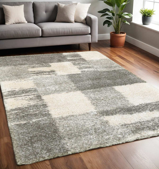 5 Grey Ivory And Silver Geometric Shag Power Loom Stain Resistant Area Rug - Homeroots - Flyclothing LLC
