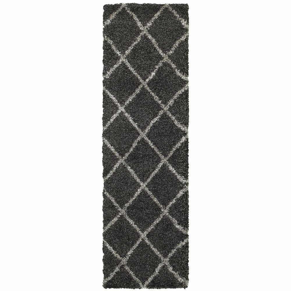 2' X 8' Charcoal And Grey Geometric Shag Power Loom Stain Resistant Runner Rug - Homeroots - Flyclothing LLC