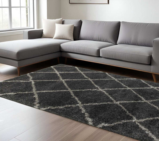 8' X 11' Charcoal And Grey Geometric Shag Power Loom Stain Resistant Area Rug - Homeroots - Flyclothing LLC