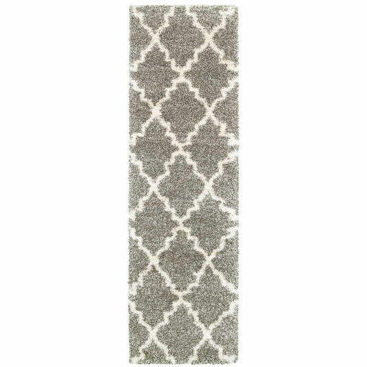2' X 8' Grey And Ivory Geometric Shag Power Loom Stain Resistant Runner Rug - Homeroots - Flyclothing LLC