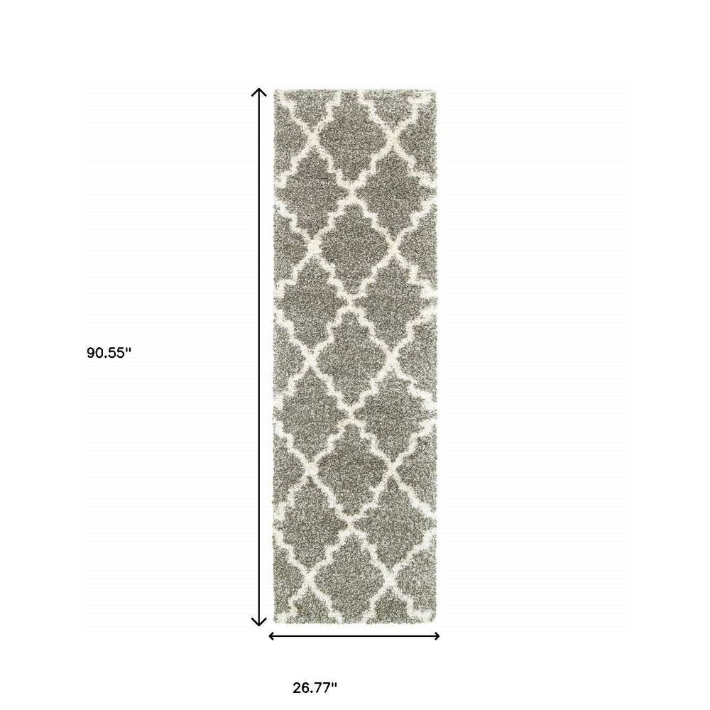 2' X 8' Grey And Ivory Geometric Shag Power Loom Stain Resistant Runner Rug - Homeroots - Flyclothing LLC